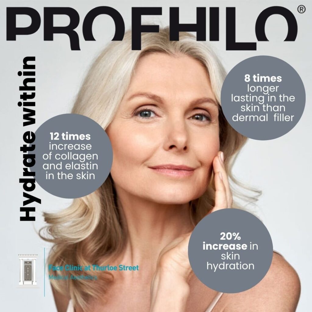 Beautiful lady touching her face after having Profhilo treatment London